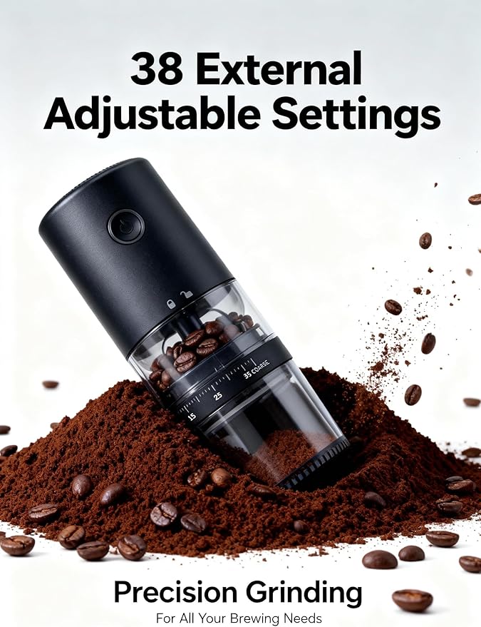 LAMIDO Portable Electric Burr Coffee Grinder - Grind While Charging - Visual Bean Hopper - 38 External Grind Settings - 1.8X Faster Grinding - 2000 mAh Battery for Travel, Camping - Matte Black