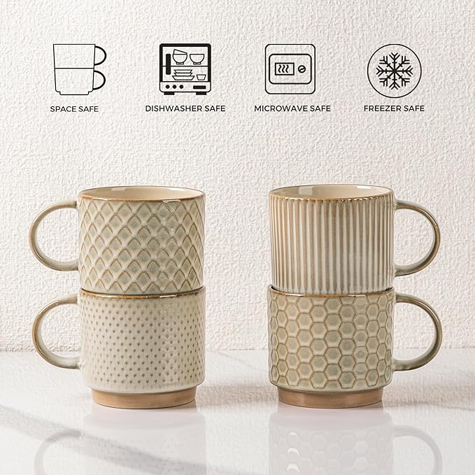 GBhome 15OZ Stackable Coffee Mugs, Ceramic Coffee Mugs with Texture Patterns for Man,Woman,Dad,Mom, Modern Coffee Mugs Set of 4 for Latte/Cappuccino/Cocoa. Dishwasher&Microwave Safe, Pale Khaki