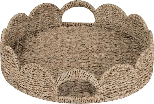 StorageWorks Round Wicker Scalloped Tray, Rattan Serving Trays with Handles, Seagrass Basket for Decorative & Organizing, 13" L x 13" W x 2.75" H