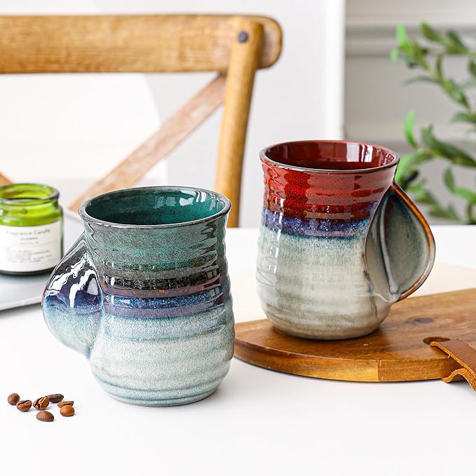 Mkour 21oz Large Ceramic Coffee Mugs, Handmade Tea Cups with Comfortable Handle for Office and Home, Microwave and Dishwasher Safe (Ink Green)