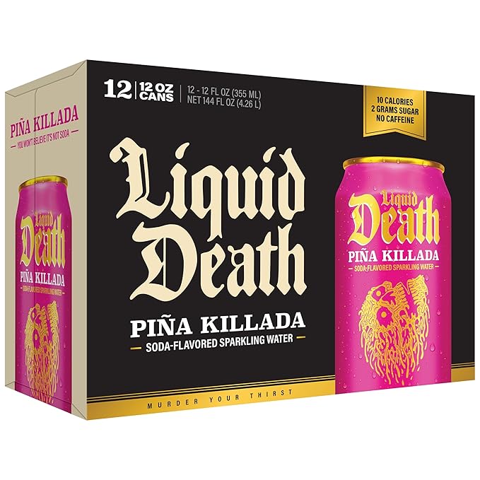 Liquid Death Soda-Flavored Sparkling Water - Piña Killada (Classic Piña Colada), Less Sugar*, Huge Flavor, No Caffeine, No Artificial Sweeteners, 12 Fl Oz (Pack of 12)