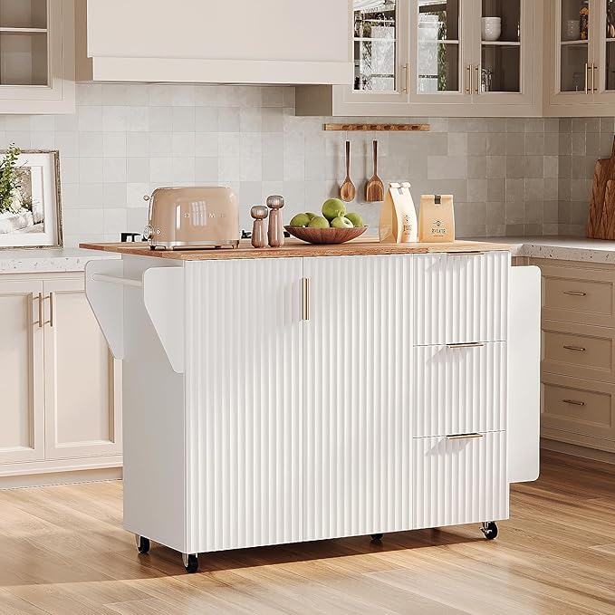 VINGLI Fluted Kitchen Island Cart on Wheels with Storage, Folding Rolling Kitchen Island with Drawers, Small Portable Island Table with Extendable Rubber Wood Top, White