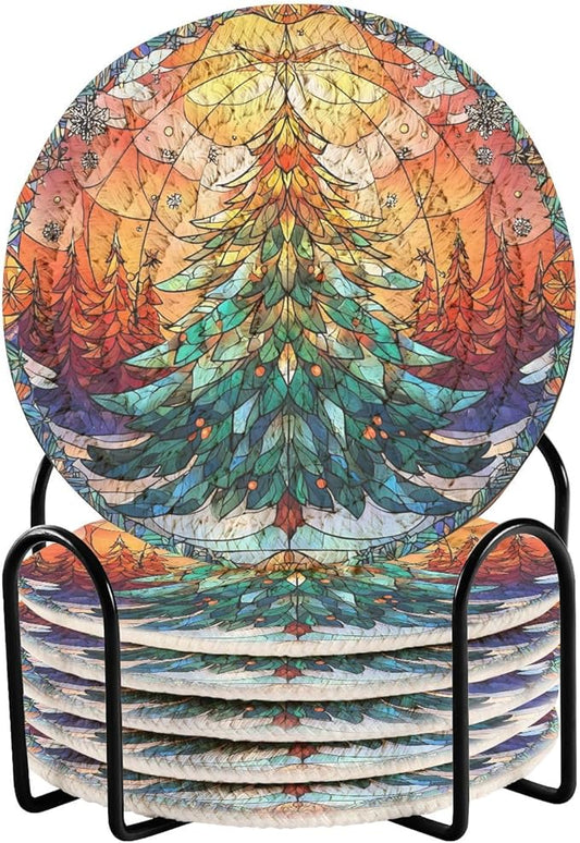 Christmas Coasters with Holder Stained Glass Christmas Tree Xmas Coasters Set of 6 Cotton Woven Absorbent Cup Coaster Xmas Holiday Party Table Decor 4 Inches