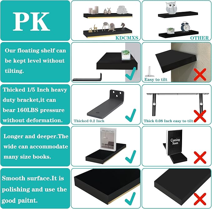 Thick 1.78 in Black and Gold Shelves with Thicked 1/5 Inch Heavy Duty Bracket,Black Gold Foating Shelves Pine Wood 16 ×6.5 in Floating Shelves for Wall with Stainless Steel Trim Strip Set of 2