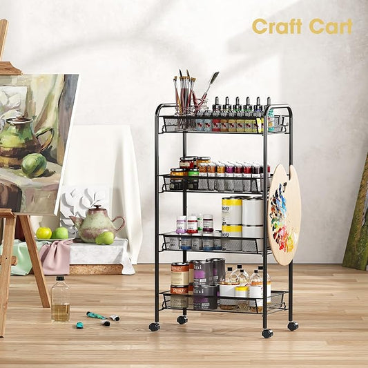 TOOLF 4-Tier Rolling Cart, Metal Utility Cart with 3 Hooks, Easy Assemble Mobile Storage Trolley On Wheels, Metal Shelving Units Kitchen Bathroom Laundry Room