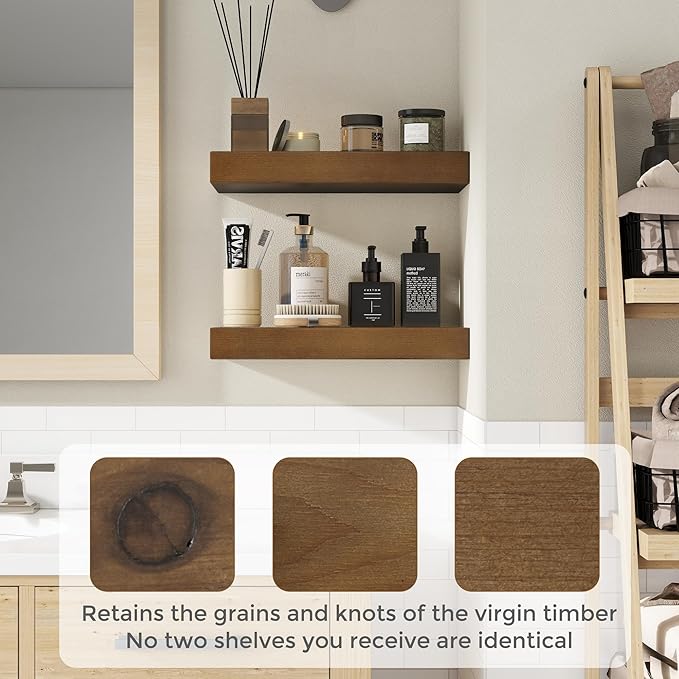Marsmiles 24 Inch Wood Floating Shelves | Rustic Dark Wood Wall Shelves Set of 2 | 24" W x 7.7" D x 1.6" H Wooden Shelves for Bathroom Living Room Kitchen