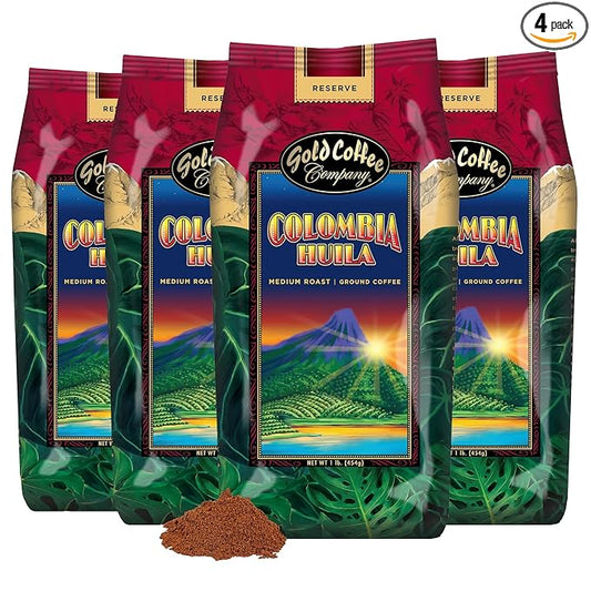 Gold Coffee | Premium Colombia Huila, Medium Roast Ground | 100% Colombian Coffee, 1 lb. (4 Pack)
