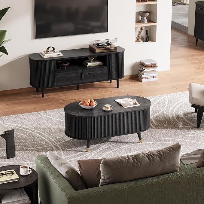 42.5" Oval Lift Top Coffee Table with Storage,Modern Black Center Table with Fluted Design, Solid Wood Legs & Hidden Compartment, Pop Up Cocktail Table for Living Roomm