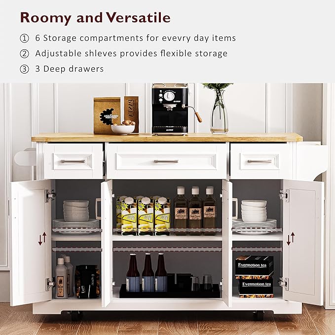 Yayzy Rolling Kitchen Island with Drop Leaf, 3 Drawers & 4 Cabinet Doors, 54” Mobile Kitchen Cart with Rubberwood Top, Side Storage Racks & Locking Wheels for Dining Room & Kitchen, White
