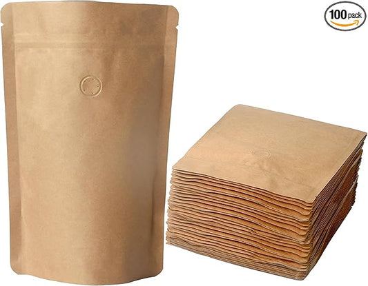 100 Pack Kraft Coffee Bags with Zipper Lock, High Barrier Resealable Stand Up Coffee Pouches, Degassing Valve for Coffee, Size for 16oz/500 Grams Beans or Grounded