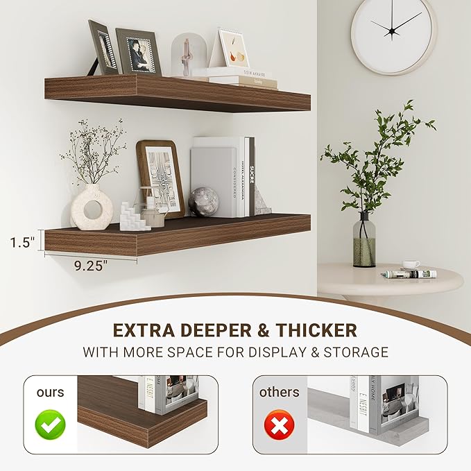 40 Inch Floating Shelves, 3D Textured Wood Grain, 40"x9.25"x1.5" Inch Deep Floating Shelves for Wall, Wooden Shelves for Bathroom, Bedroom, Living Room, Walnut, 1 Piece