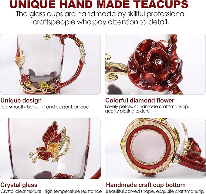 Glass Coffee Cup Tea Mug & Gifts with Spoon Set Handmade Enamel Butterfly Rose Flower for Mothers Day Gift, Women (2 Red Pack)