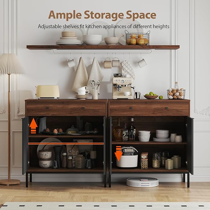 Mericonia Farmhouse Buffet Sideboard Cabinet with Storage, Fluted Coffee Bar with Doors and Adjustable Shelves, Modern Wood Cabinet for Kitchen, Livingroom (Fluted 2 Door, Walnut & Black)