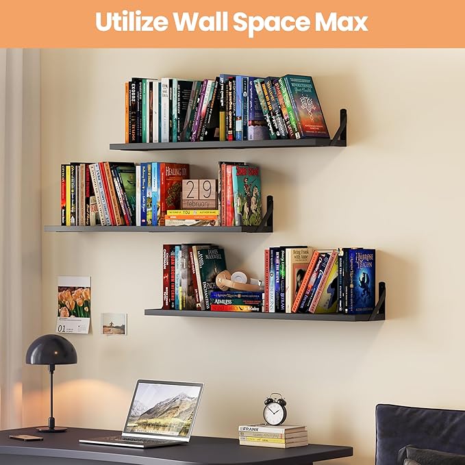 upsimples Floating Book Shelves for Wall, 35.4 Inches Long Floating Wood Shelves for Living Room, Library, Bedroom, Office Organizer and Storage, Black