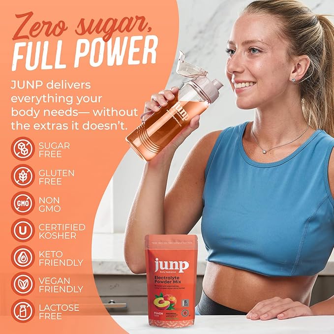 JUNP Sugar Free Electrolytes Powder Packets for Water Instant Hydration Packets with Salt & Potassium, Zero Calorie, No Carbs No Sugar Electrolyte Drink Mix Sticks, Keto Friendly, Juicy Peach 5 Pack