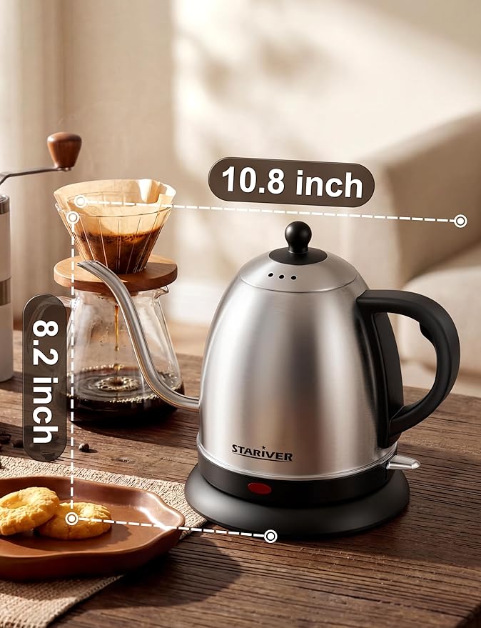 Stariver Electric Kettle Gooseneck Kettle, 1L Water Boiler, BPA-Free, Pour Over Tea Pot Stainless Steel for Coffee & Tea with Fast Heating, Auto-Shut Off and Boil-Dry Protection Tech