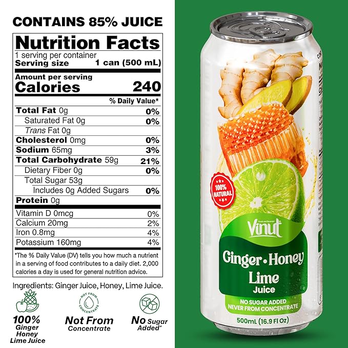 VINUT Ginger, Honey & Lime Juice, 85% Juice, No Added Sugar, Not From Concentrate, 16.9 fl oz (500 mL) Can, Pack of 12