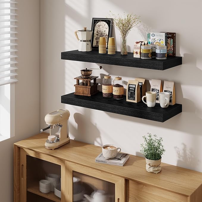 Fun Memories Floating Shelves for Wall, 40 Inch Floating Shelf for Home Decor, Wall Mounted Rustic Wood Shelves 12 Inch Deep, Hanging Deep Shelf for Bedroom, Living Room, Kitchen, White, Set of 2