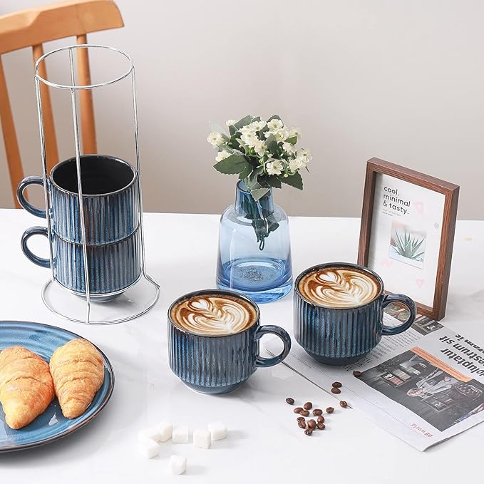 HASENSE Large Coffee Mug Set of 4 with Holder - 15 Oz Stackable Ceramic Ribbed Latte Cup Set for Cappuccino, Tea, Hot Cocoa, Drinks - Dishwasher & Microwave Safe, Navy