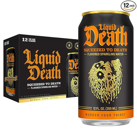 Liquid Death Soda-Flavored Sparkling Water - Squeezed To Death (Classic Orange Soda), Less Sugar*, Huge Flavor, No Caffeine, No Artificial Sweeteners, 12 Fl Oz (Pack of 12)