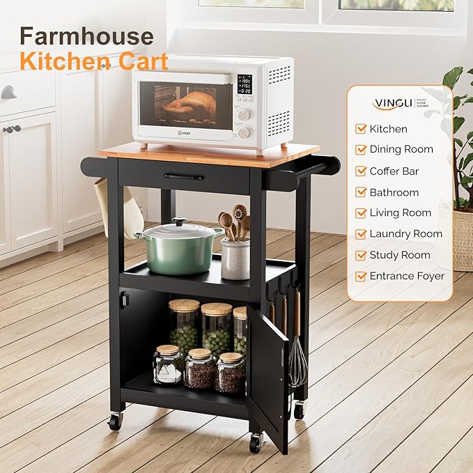 VINGLI Rolling Kitchen Cart with Storage Cabinet & Drawer, Compact Kitchen Island on Swivel Wheels, Small Kitchen Cart with Side Hooks & Towel Rods, Black