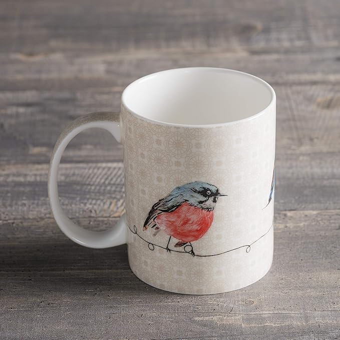Maison d' Hermine Coffee Mug with Handles Fine Bone China Mugs Pack of One Tea Cups for Hot Beverages Cappuccino Latte Home Restaurant Office Perfect for Gift (Birdies On Wire - Robin, 12 Ounce)