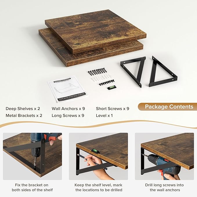 Deep Floating Shelves Wall Mounted, 12"x12" Brown Wood Shelves with Brackets Set of 2 for Bedroom, Living Room, Bathroom, Kitchen, Office - Storage & Display Shelf for Decor, Books, Plants