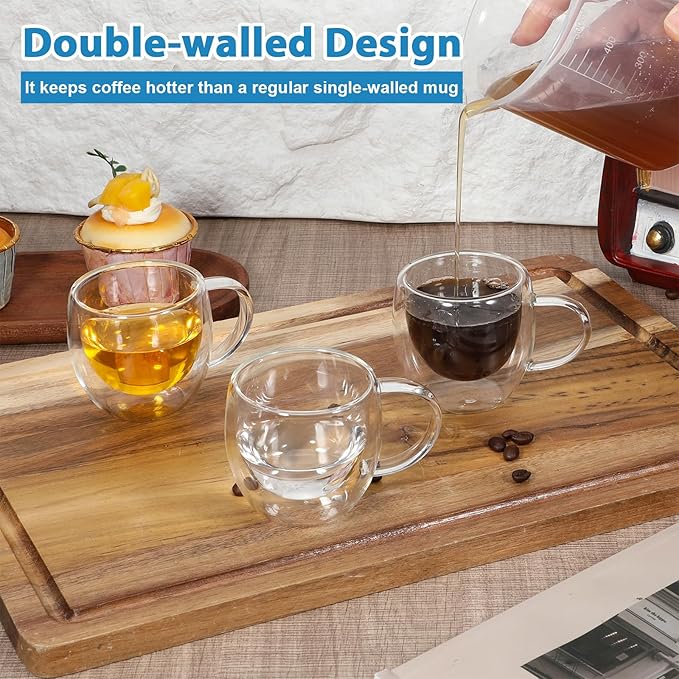 6 Pack 2.7oz Double Walled Glass Coffee Mugs with Handles, Clear Glass Coffee Mugs, Insulated Borosilicate Cups, Insulated Layer Coffees Cups for Cappuccino, Tea, Latte, Milk, Microwave Safe