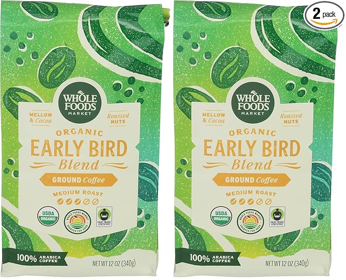 WHOLE FOODS MARKET Organic Ground Early Bird Blend Coffee, 12 OZ (Pack of 2)