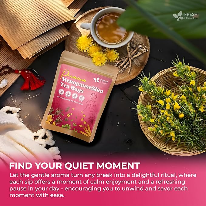 FreshDrinkUS, MenopauseSlim 40 Tea Bags – Herbal Blend with Rooibos, Dandelion Root, Matcha, Licorice, Cardamom & Black Cohosh – Smooth, Earthy Flavor – Premium Quality, Naturally Caffeine-Free Tea