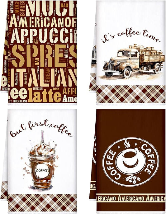 Ferraycle 4 Pieces Kitchen Dish Cloths Coffee Kitchen Hand Towels Absorbent Tea Towels 24 x 16 Inches, Cafe Lover Gift Bar Decorative Dish Cloths Rags, for Farmhouse(Mainly Brown,Vehicle Style)
