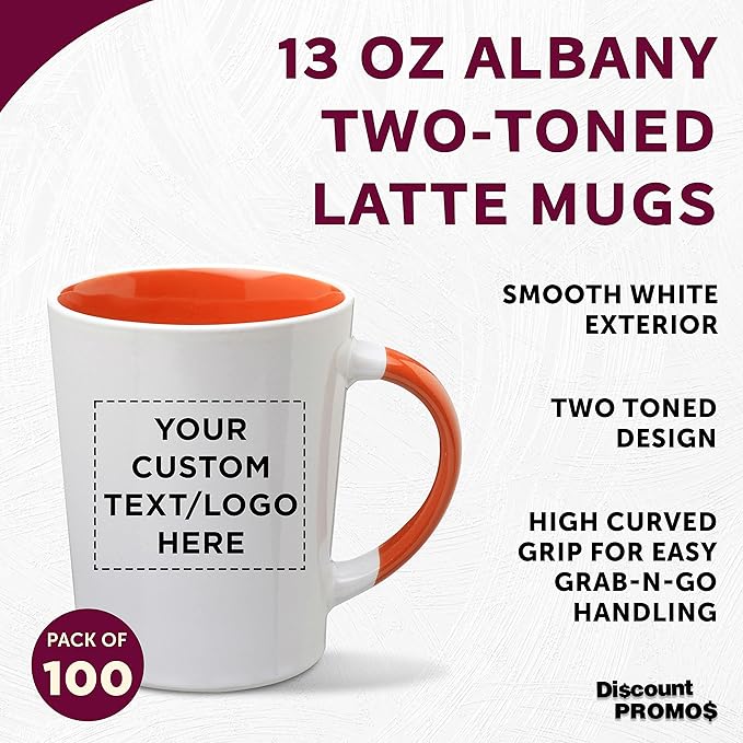 Custom Ceramic Latte Coffee Mugs by Albany 13 oz. Set of 100, Personalized Bulk Pack - Perfect for Coffee, Tea, Espresso, Hot Cocoa, Other Beverages - Orange
