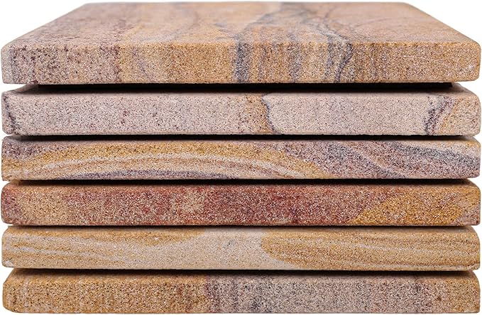 Sandstone Water Absorbent Hand Crafted Square Coasters for Drinks - 4 Inches Wide Thirsty Stone Bar/Drink Coasters- Made from Rainbow Sandstone (Set of 6 with Holder)