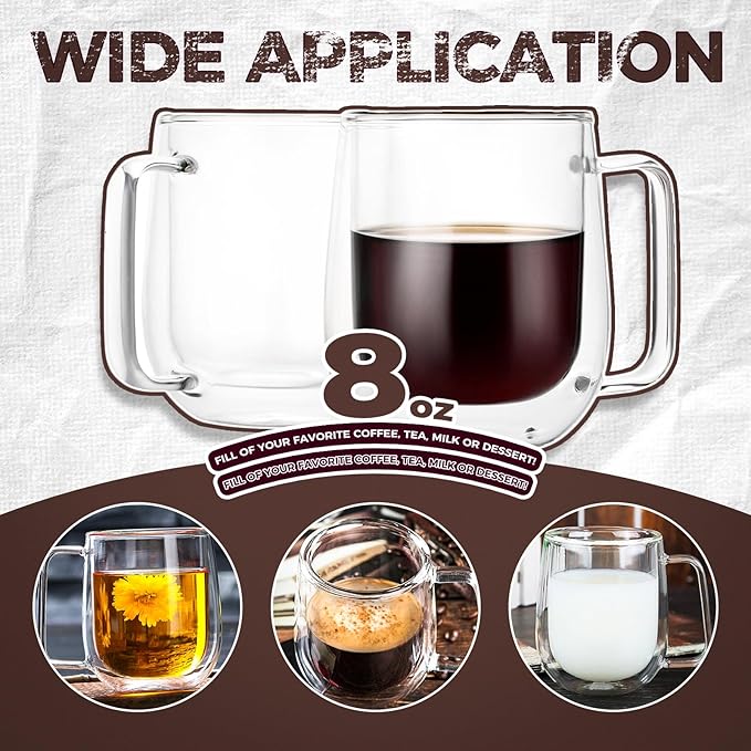 2 Pack 12 oz Double Walled Glass Coffee Mugs with handle, Thermal Insulted No Condensation Coffee & Tea Cups, Clear Mugs for Americano, Latte, Espresso, Cappuccinos Beverage