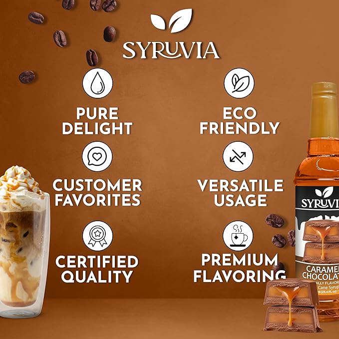 Syruvia Coffee Syrup, Caramel Chocolate Flavored Syrup for Drinks, Lattes and Desserts – 25.4 fl oz, With Pump