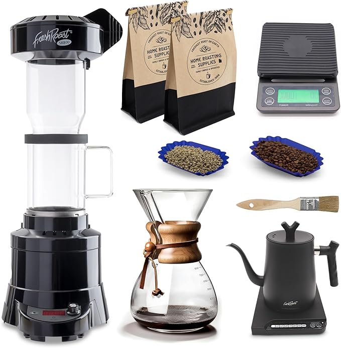 Fresh Roast Coffee Roaster Bundle SR800, Glass Extension Tube, Pour Over Digital Scale, 800ML Glass Pour Over, Electric Kettle, (2lbs) Sample Pack of Green Beans, (2-Pack) Sample Trays, Chaff Brush