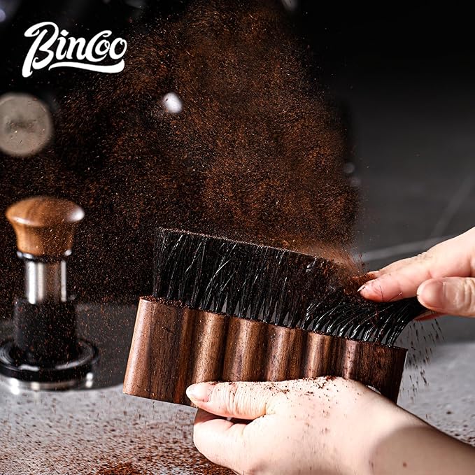 Bincoo Coffee Brush with Cleaning Cloth - Wooden Handle Cleaning Brush for Grinders, Espresso Machines & Countertops, Reusable Barista Tool with Hanging Hook for Coffee Grounds Removal