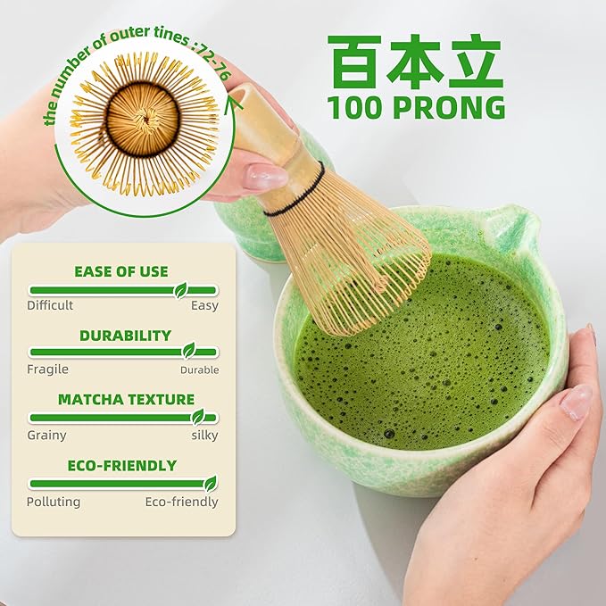 TEANAGOO Matcha Whisk Set,7 Pcs Matcha Set Green,Ceremony Matcha Kit,Matcha Tea Set for Making Latte,Ceramic Bowl(chawan) whith Spout and Whisk,Gift for Matcha Lovers