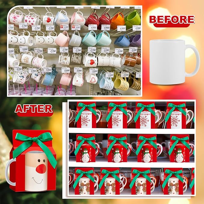Kosiz 36 Pcs Mug Boxes Sublimation Coffee Mugs Gift Bags with Window Packaging Storage Box for Shipping Selling Wedding Valentines Gift Packaging Wrapping (for 11oz Mug,Red,Green)