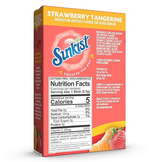 Sunkist Singles to go Drink Mix Packets, Strawberry Tangerine, 6-Count Box – Powdered Drink Packets with Vitamin C, 72 Total Powder Sticks