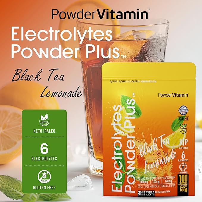 PowderVitamin Electrolytes Powder Plus (100 Servings) Black Tea Lemonade Electrolyte Powder Zero Calorie Keto,0 Sugar, No Maltodextrin,1000mg Potassium,120mg Calcium,120mg Magnesium, Hydration Powder
