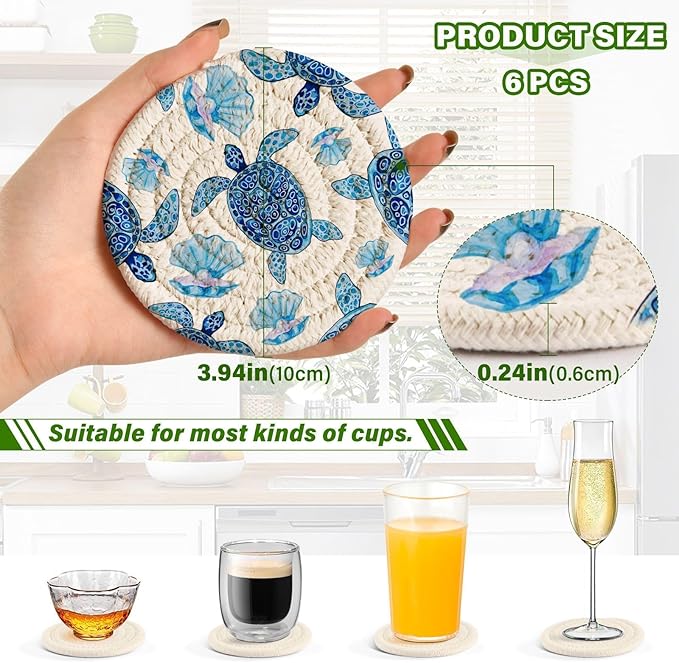 Blue Ocean Map Drink Coasters - Set of 6 Turtle Design - Absorbent Cotton Woven Coasters for Coffee Table Protection