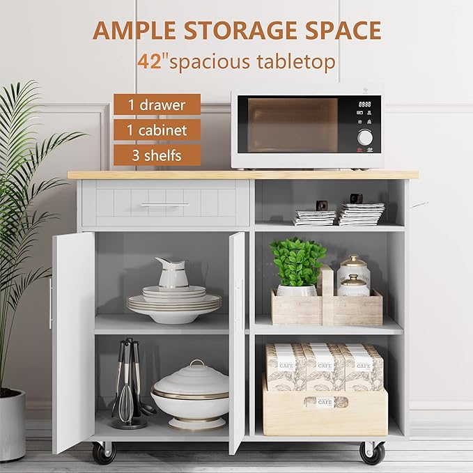 SUNLEI Kitchen Island with Storage Cabinet, 42" Kitchen Cart on Wheels with Shelves, Cart Handle for Towel Rack or Free Mobility, Portable Islands for Kitchen(Stylish White, 42-INCH)