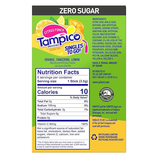 SINGLES TO GO! Tampico Variety, Singles To Go Powdered Drink Mix, 3 Boxes of Mango Punch and Citrus Punch, Excellent Source of Vitamin D and Zero Sugar (Pack of 6)