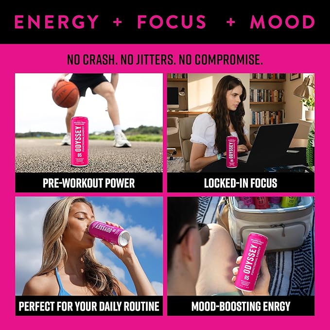 Odyssey Functional Energy Drink for Focus, Cognition & Mood Support 12 Pack - Adaptogenic Drink with 85mg Green Tea Caffeine, Lion’s Mane, Cordyceps, L-Theanine & Ginseng, Dragon Fruit Lemonade