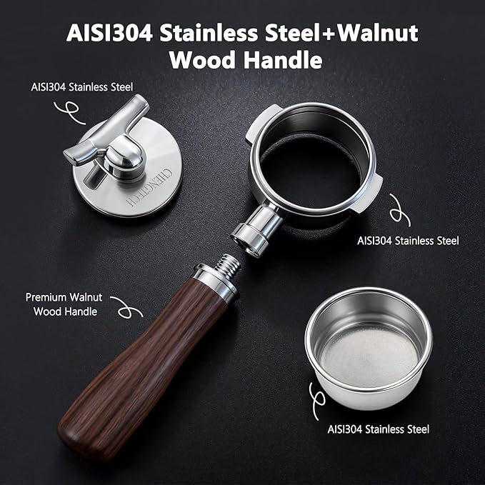 Espresso Accessories, 58mm Bottomless Portafilter with Detachable Double Spout, Dual-Layer Micro-Sift Basket (718 Holes), Walnut Wood Handle, Fits E61 Group Head Espresso Machines