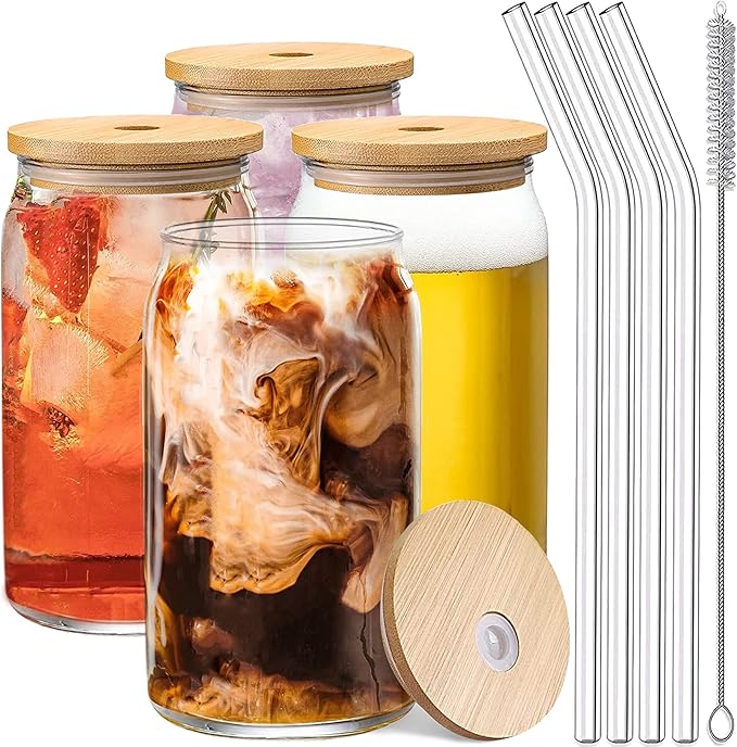Set of 4 Can Shaped Drinking Glasses With Bamboo Lids & Straws - 16oz Clear Snifter Water Cups for Iced Coffee, Tea, Cocktails, Whiskey, Soda - Tumbler Cup