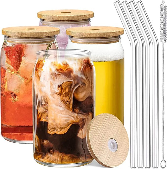 Set of 4 Can Shaped Drinking Glasses With Bamboo Lids & Straws - 16oz Clear Snifter Water Cups for Iced Coffee, Tea, Cocktails, Whiskey, Soda - Tumbler Cup