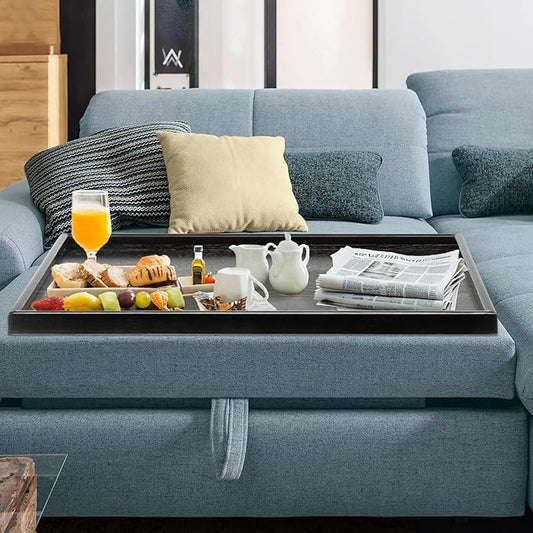 40 x 24 Inches Extra Large Solid Wood Serving Tray for Tea Coffee Table Snack Food Meals Serving Plate Kitchen Party Bar Breakfast Server with Raised Edges Black Wooden Decorative Ottoman Tray