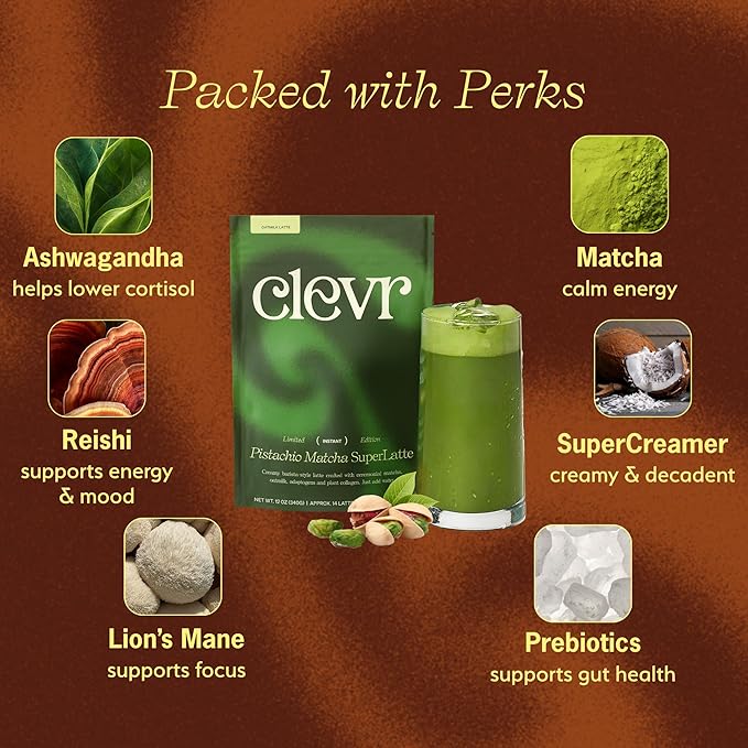 Clevr Pistachio Matcha SuperLatte, Organic Ceremonial Grade, Instant Superfood Powder Blend with Lions Mane, Reishi Mushroom, Coconut Cream, Oat Milk, Ashwagandha, Serve Hot or Iced (14 Lattes)